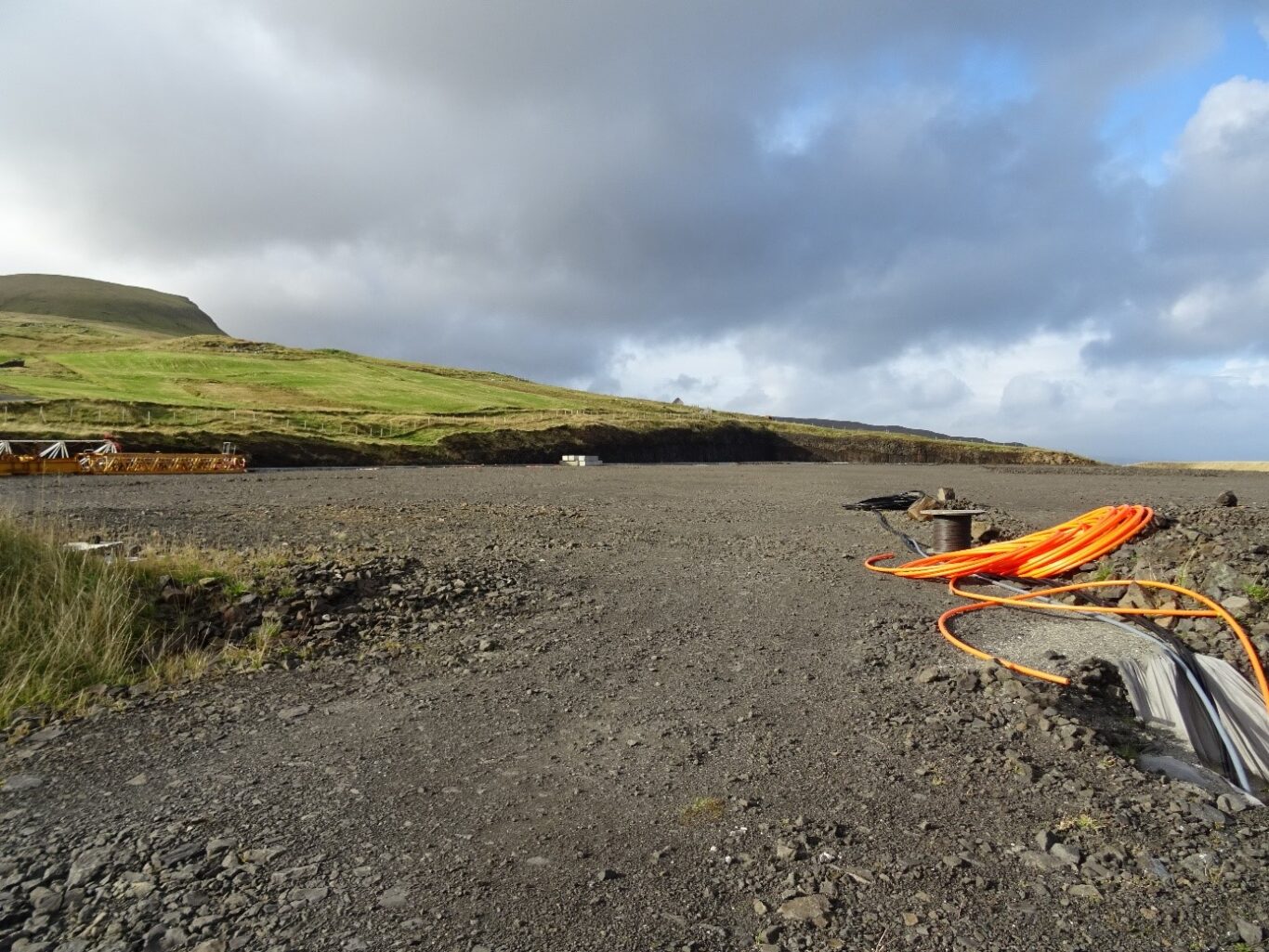 The construction site of Bakkafrost’s salmon farm in Skalavík seems to be on hold. Photo by Alexis Sancho-Reinoso.