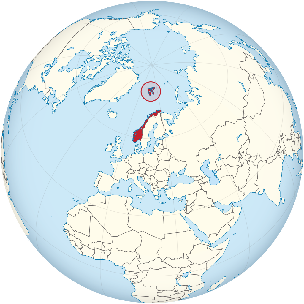 Svalbard on the globe, located between 74° and 81° North. Source: Wikimedia Commons.
