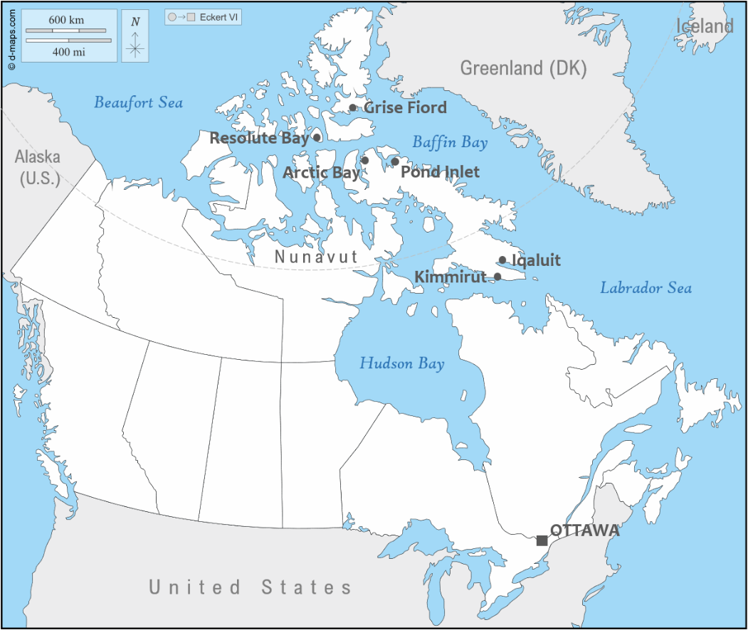 Figure 2: Field sites in Nunavut and geographic distance to Ottawa. (Map by Alexis Sancho-Reinoso, 2024)