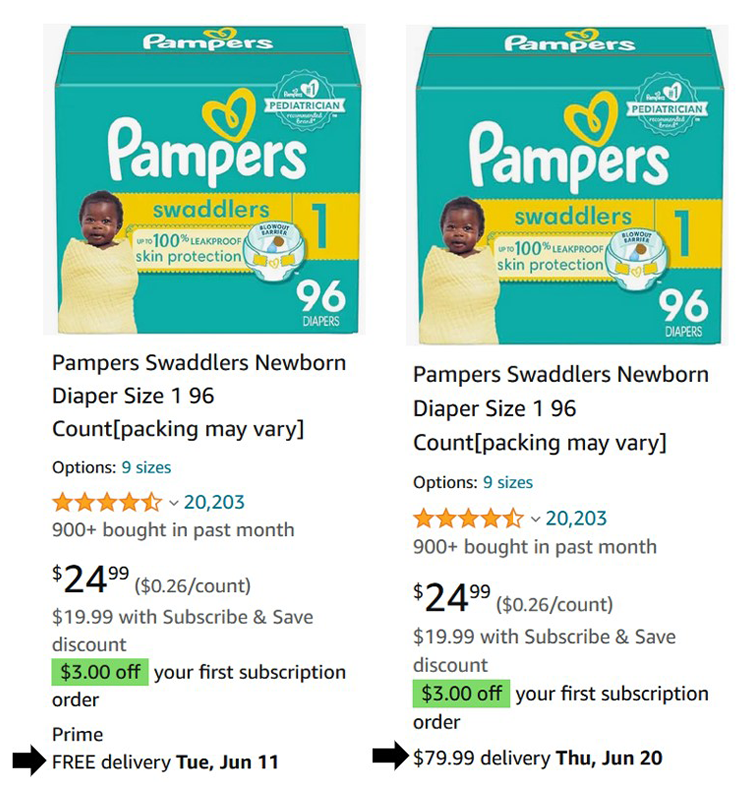 Figure 5: Screenshot from Amazon.ca of pricing to Iqaluit (left) with free delivery versus to Grise Fiord (right) with delivery for $79.99. Arrows added for emphasis (Schmid, May 21, 2024).