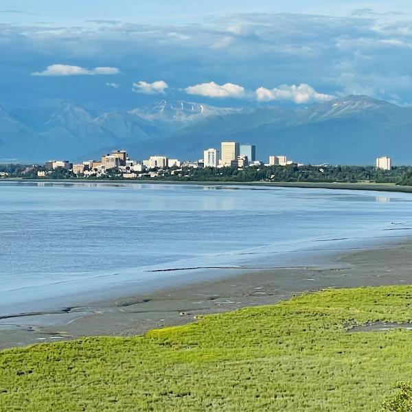 The skyline of Anchorage, Alaska, as seen from the airport. Photo by Peter Schweitzer.