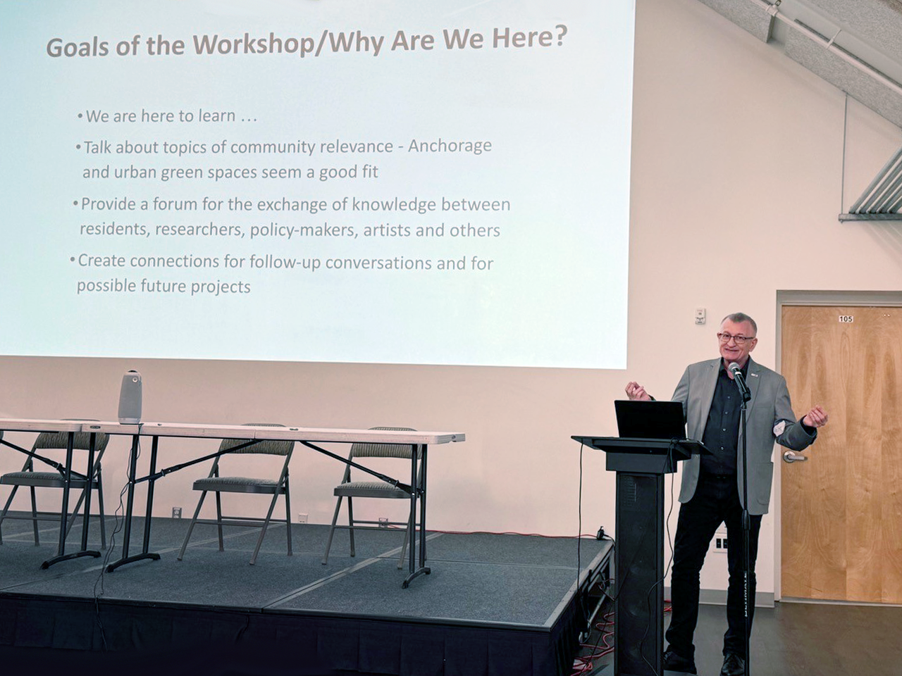Peter Schweitzer presents findings from the InfraNorth project at the ARCA co-creative community workshop “Biocultural Heritage and Climate Adaptation in Arctic Cities,” held on October 7–8, 2025, at The Nave in Anchorage, Alaska.