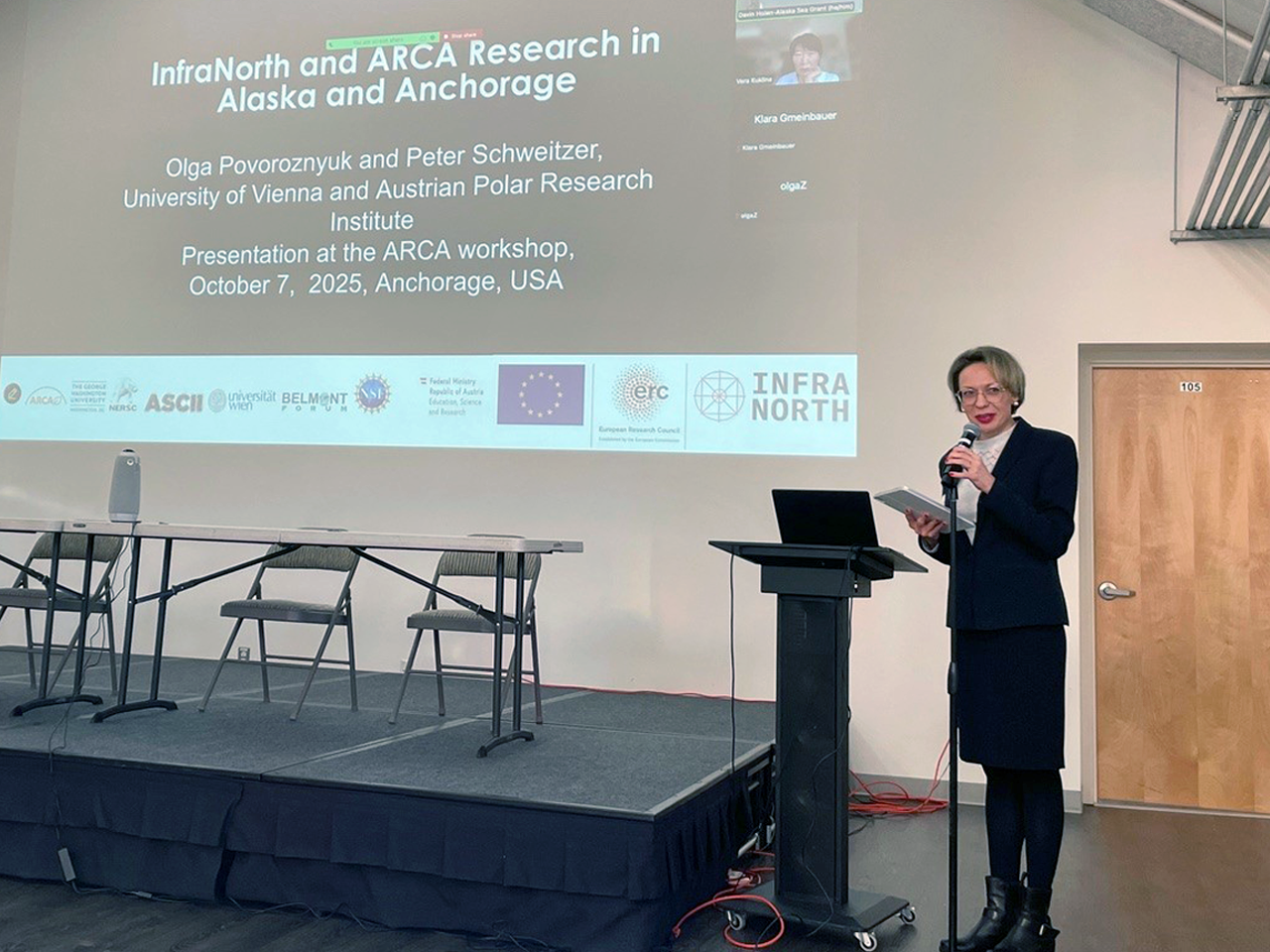 Olga Povoroznyuk presents findings from the InfraNorth project at the ARCA co-creative community workshop “Biocultural Heritage and Climate Adaptation in Arctic Cities,” held on October 7–8, 2025, at The Nave in Anchorage, Alaska.